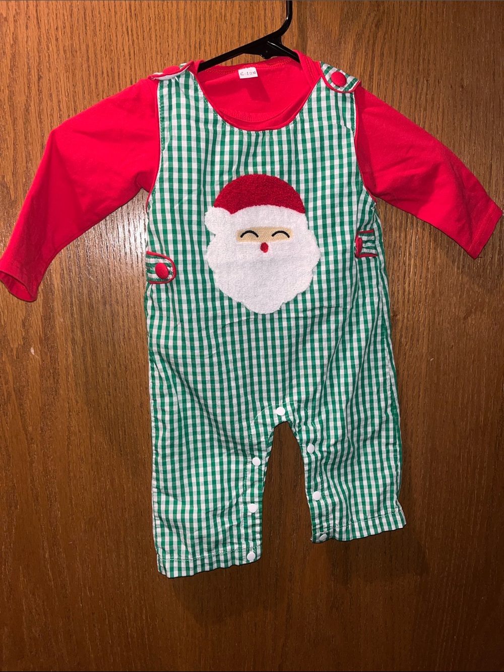 Green Gingham Santa Applique Overalls for Kids NWOT